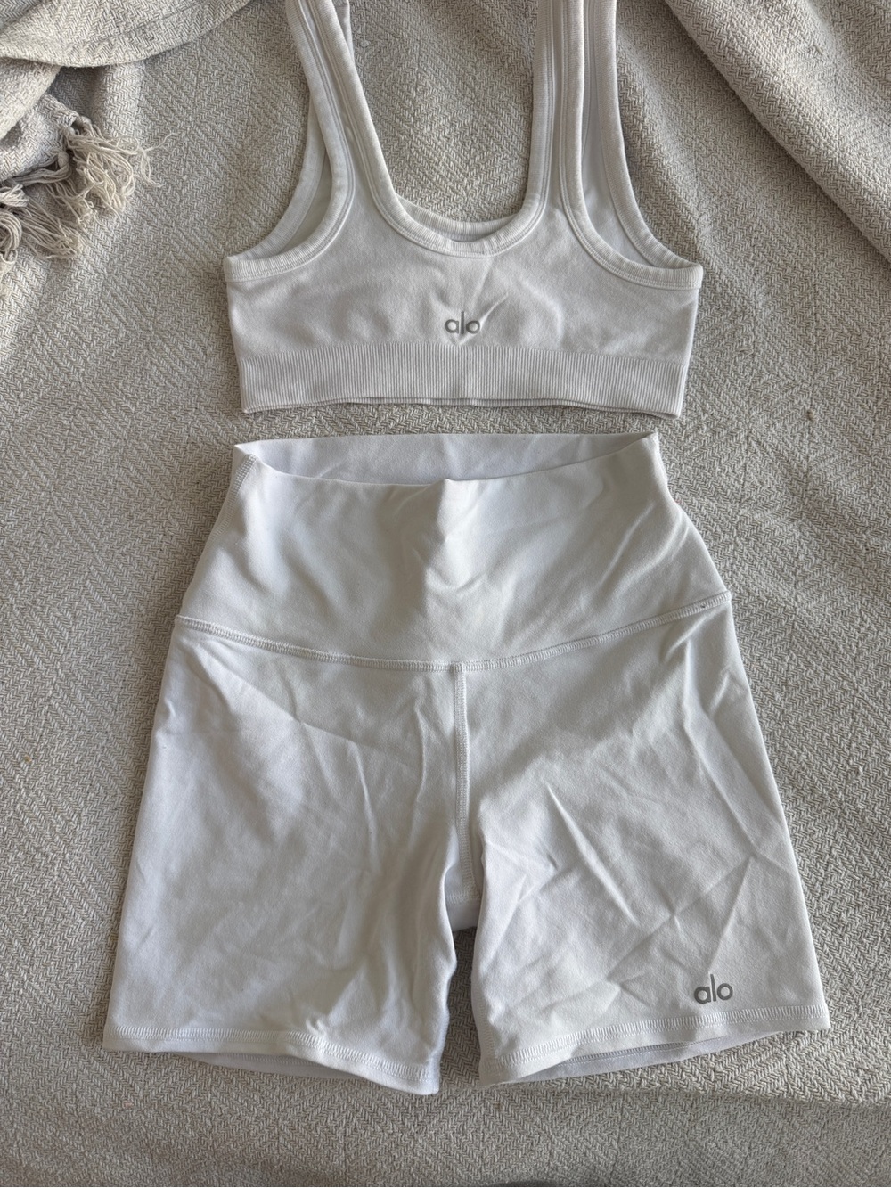 Alo Yoga White Workout Set- Bra and Biker Shorts